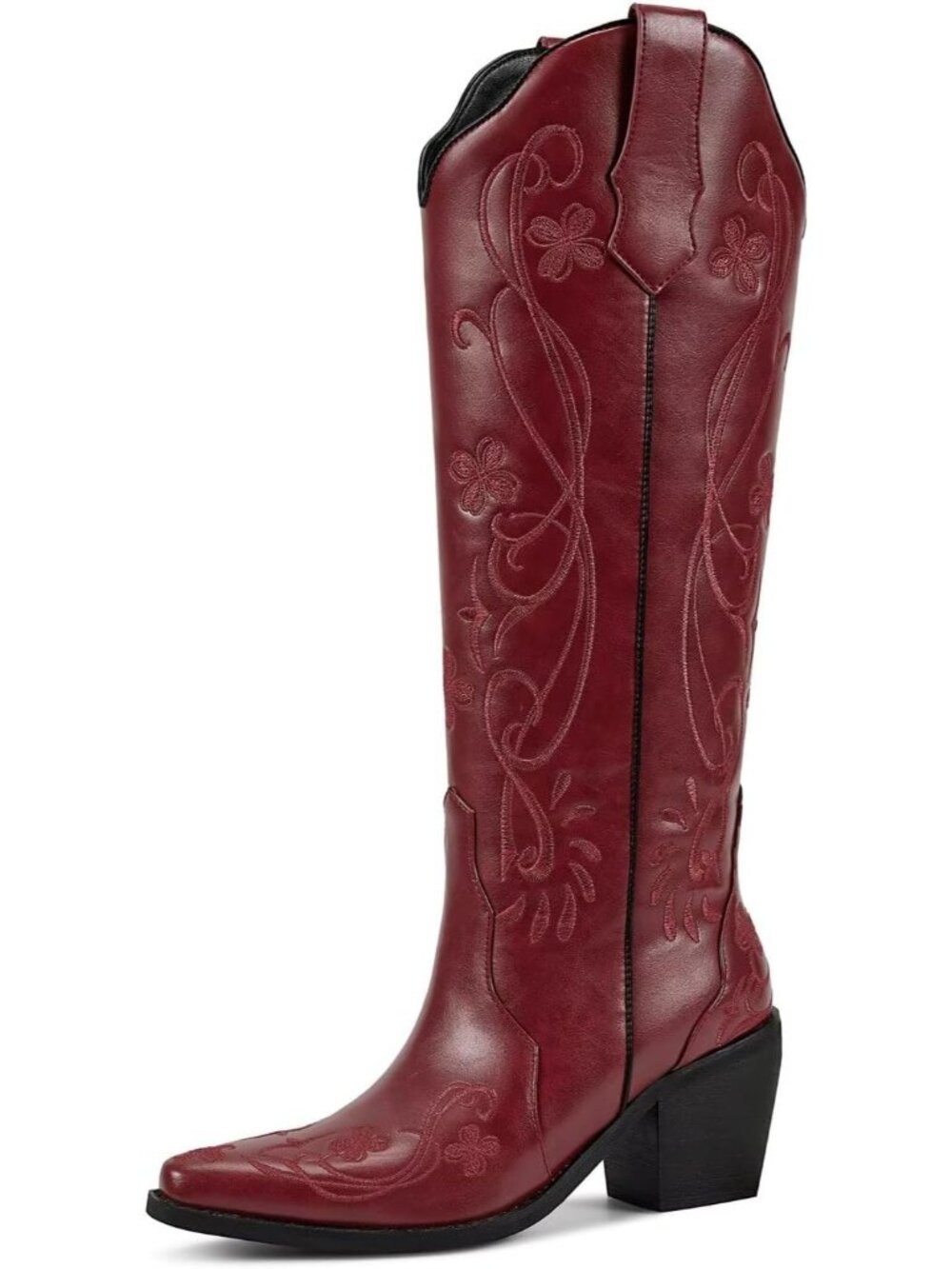 Women's Red Floral Knee High Cowgirl Boots Embroidered Pointed Toe Chunky Heel